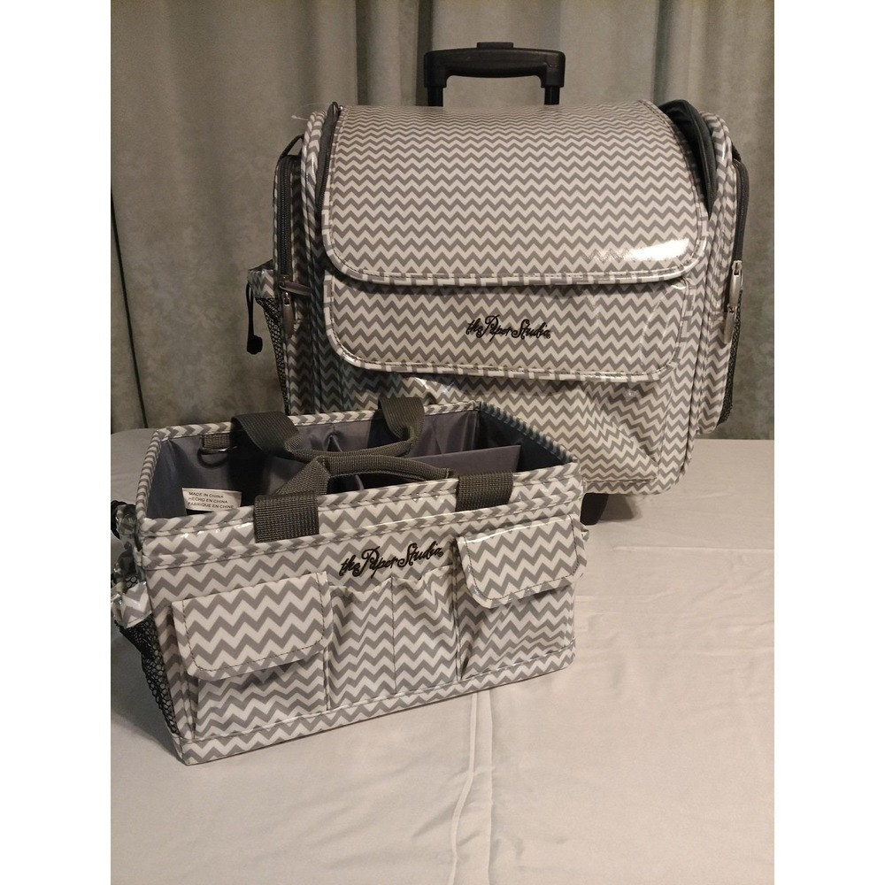 Paper Studio Gray Chevron Rolling Scrapbook Craft Tote and Desktop Caddy READ